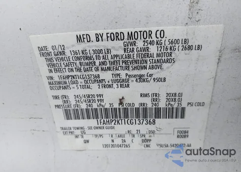 2012 Ford Taurus Sho из США, поврежденный, VIN 1FAHP2KT1CG137368